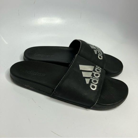 Adidas black &โ silver Adilette slides size 9 - Picture 2 of 7